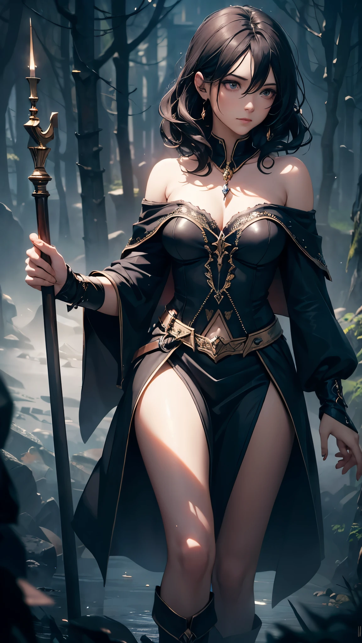 (One 18-year-old woman),(wizard),(she’s having a long cane),(she’s casting magic),(she’s casting magic),(short black hair),(messy hair),(wavy hair),(dark), [nervous eyes],(sexy fashion, off shoulder, maxi length skirt, boots),(best quality, 4k, 8k, highres, masterpiece:1.2), ultra-detailed,(realistic, photorealistic, photo-realistic:1.37),(fantasy, magic, mystical, enchanting), (dramatic lighting), (moody, somber), (deep rich colors)