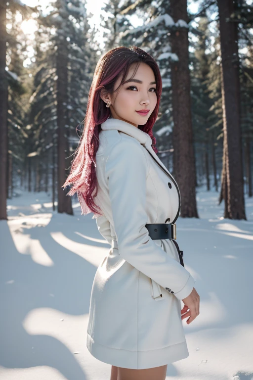 1 girl, Korean model, extremely beautiful, perfect body. The Leica M11 camera is adjusted to sharp landscape and full-body shooting mode: 1x magnification, 2.5 million pixel resolution. 8K photo quality, lifelike, masterpiece, sharpest and highest contrast, super realistic color photos. Her hair is pink, long and smooth, the wind blows it beautifully under the bright sunlight. Beautiful face, perfect and sexy, holy, perfectly proportioned, beautiful in every detail, ((shiny)), high-end cosmetic makeup. Bright smile, pure white teeth and details. Attractive glossy red lips, brilliant glossy red lipstick. Brown eyes, glossy, seductive, ((sharp makeup)), realistic, ((wet eyes)), detailed. Pink eyeshadow, long eyelashes, blush, high-end cosmetics. Two delicate eyelids, perfectly beautiful and detailed, black eyelashes. Eyebrows are curved, sparse, sharp and detailed. High and detailed nose. Cheeks are prominent and detailed. ((Bright white skin)), detailed pores, shiny skin, smooth skin. Long, shiny legs. Hands are beautiful, perfect, ((no flaws)), no defects. Complex light, yellow-black rays, ((lights the face)), sparkling sunlight, ((lights the girl's body)). Gold and silver earrings, diamond necklace, emerald belt, Rolex watch.
Slim-fitting jacket dress above the knee, snowy pine trees, snowflakes, fog, cold air, cinematic lighting, dramatic silhouettes, fantasy, depth of field, volumetric lighting, covered trees Falling snow, snow falling in hair, beautiful background scenery, detailed background, super detailed. Panoramic photo of a girl standing in a pine forest filled with white snow.