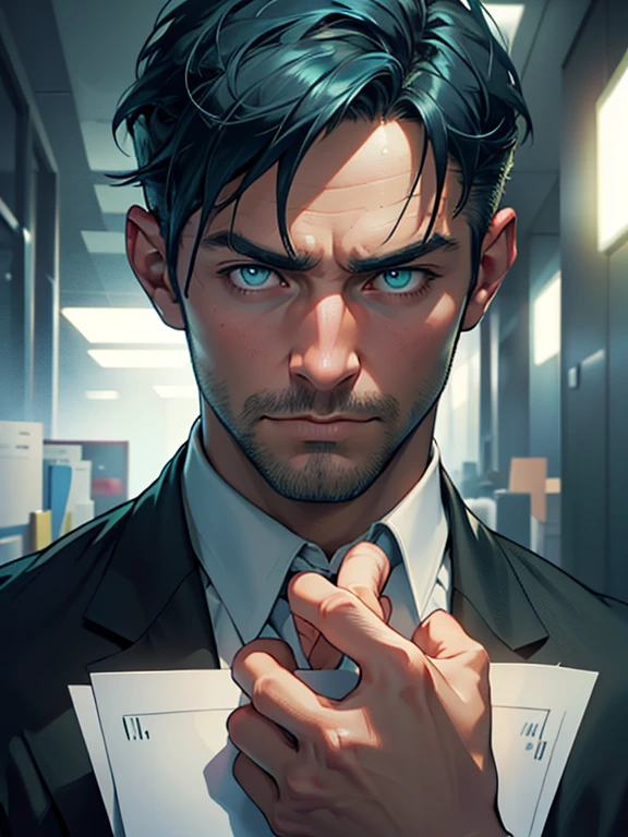 (best quality, masterpiece, 8K, photorealistic, cinematic lighting, hdr image, ultra detailed, beautiful image), 1 man, 31 years old, mature man, very handsome, (without expression, serious), short blue hair, green eyes ( penetrating gaze), imposing posture, businessman, office background