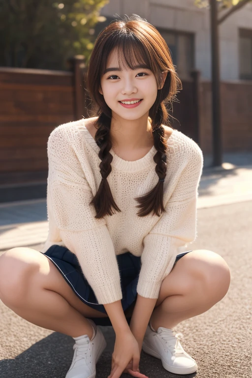 (8k、RAW Photos、highest quality、masterpiece:1.2)、(Realistic、Realistic:1.37) 、(((Strange pose, Bend your knees and spread your legs))), ((Exposing pubic hair and genitals))、Very detailed、超A high resolution、1 girl、View your viewers、Beautifully detailed face、Laughter、narrow、(Slim waist) :1.3)、Beautiful and detailed skin、Skin Texture、Floating Hair、Professional Lighting、Human whole body、Shortcuts、Braided Hairstyles、Bob Hair、E Cup、smile、、Skirt flip、Baby Face、子供っぽいsmile、Sappin''''、Moisturizing lips、Pale pink lips、Braided Hairstyles、Umbilical cord prolapse