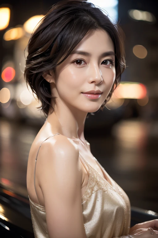 Random Pause, Mix 4, (8k, Original photo, highest quality, masterpiece: 1.45), (Actual, real: 1.37), Skinny Japanese woman, One, MILF, Charm, City view, night, rain, Wet, Professional Lighting, Photon Mapping, Radio City, Physically Based Rendering, Gradient black hair, Short Curly Hair, good looking, Moderate cleavage, High resolution, 1080p, (Clear Face), (Detailed facial depiction), (Detailed description of the hand), (Exquisite CGI), Extreme light and shadow, Messy Hair, Lots of details, (Exquisite facial features), (highest quality photos), (Beautiful Eyes), Look in front of you, Thin clavicle,