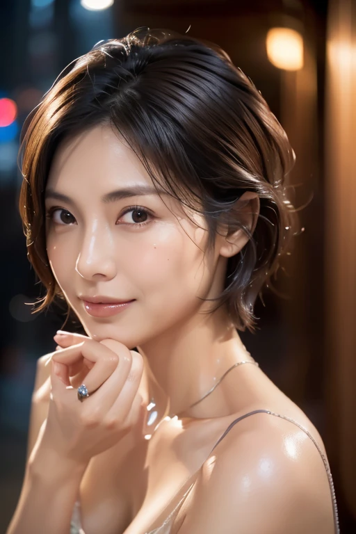 Random Pause, Mix 4, (8k, Original photo, highest quality, masterpiece: 1.45), (Actual, real: 1.37), Skinny Japanese woman, One, MILF, Charm, City view, night, rain, Wet, Professional Lighting, Photon Mapping, Radio City, Physically Based Rendering, Gradient black hair, Short Curly Hair, good looking, Moderate cleavage, High resolution, 1080p, (Clear Face), (Detailed facial depiction), (Detailed description of the hand), (Exquisite CGI), Extreme light and shadow, Messy Hair, Lots of details, (Exquisite facial features), (highest quality photos), (Beautiful Eyes), Look in front of you, Thin clavicle,