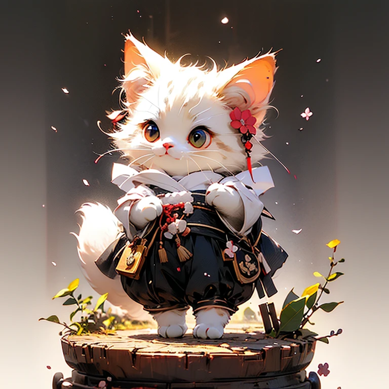 Cute little surreal snow white cat,,  Adorable super fluffy, logo design, comics, cinematic lighting effects, Attractive 3D vector art, Cute and quirky fantasy art, Bokeh, hand drawn, digital painting, soft lighting, Isometric style, 4K, photorealistic rendering, very detailed clean, Vector image, A photorealistic masterpiece, professional photos, Simple space background, Flat white gradient background, isometric, Vibrant vector images, cherry blossom background