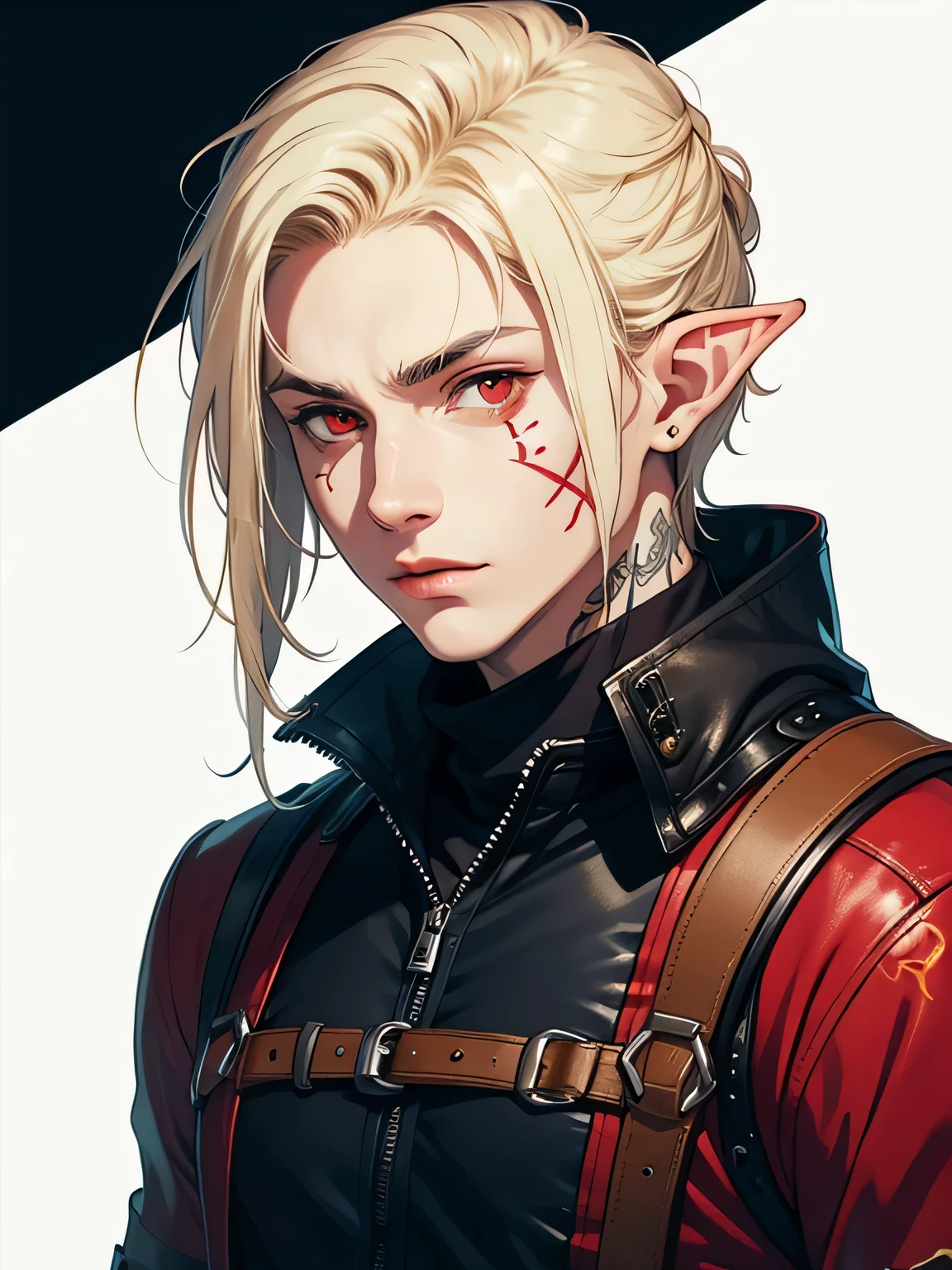 An elf man that has red eyes, red eyes, glowing tatto on the face, half white and blonde hair, middle part hairstyle, assassin outfit, HD, high quality, detailed, 8K