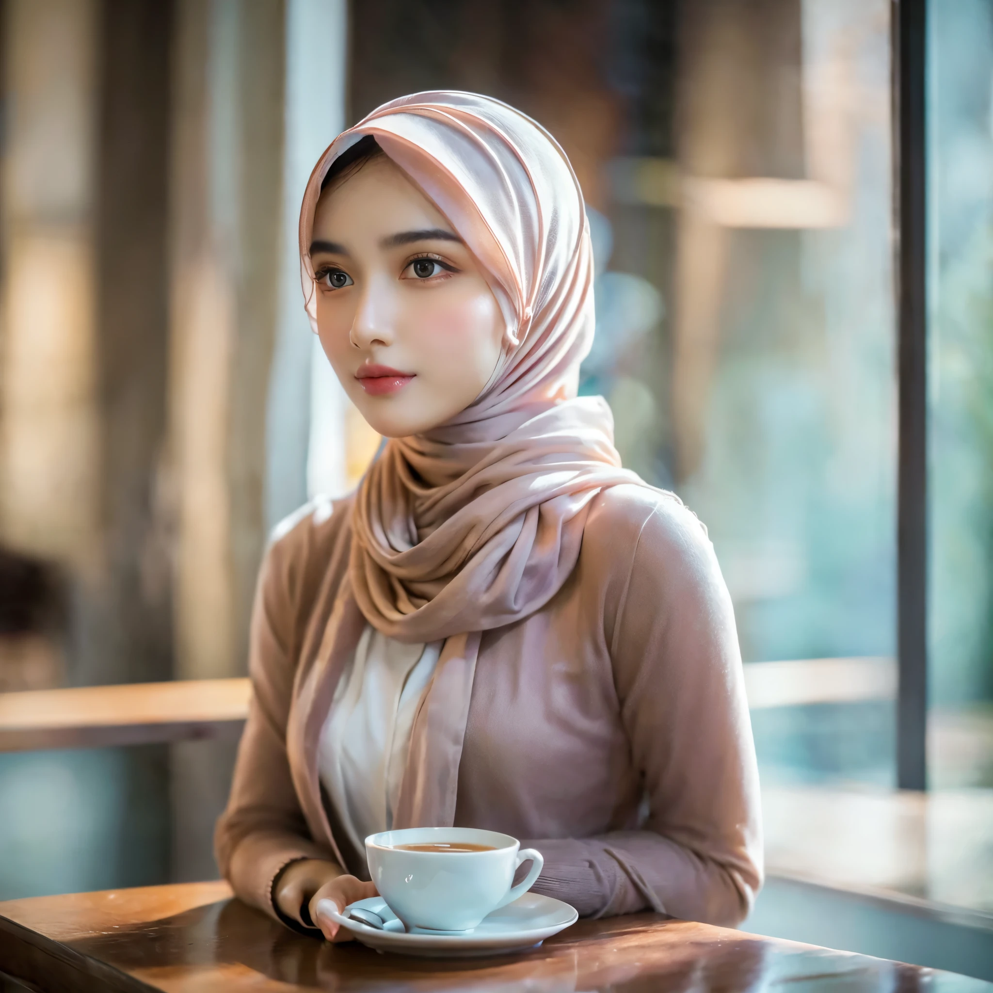 beautiful girl wearing hijab, cardigan, aesthetic cafe, clear window, cup of coffee, street, (best quality,4k,8k,highres,masterpiece:1.2),ultra-detailed,(realistic,photorealistic,photo-realistic:1.37),detailed portrait, intricate details, warm lighting, cinematic atmosphere, soft focus, natural colors, calming mood