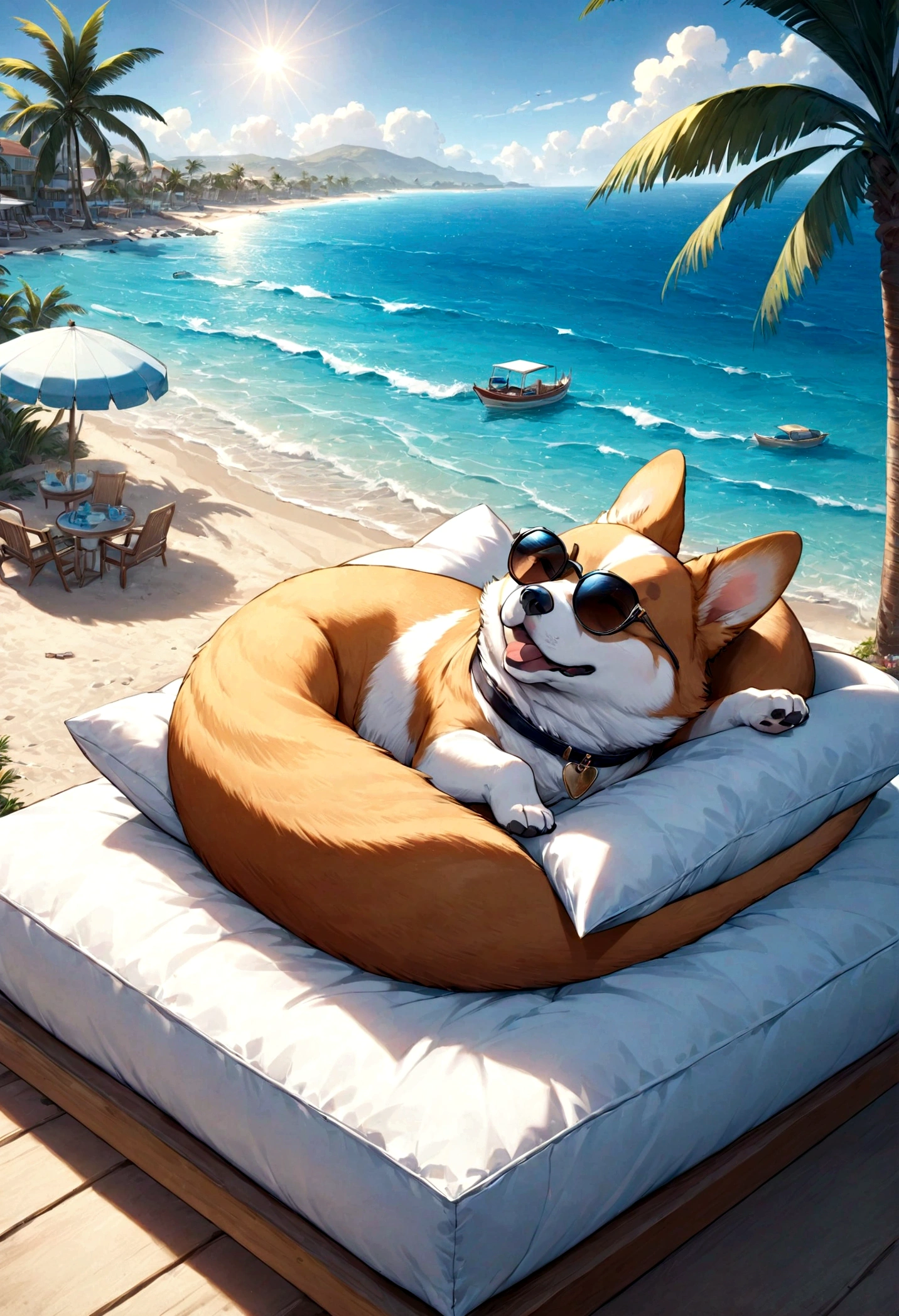 high resolution, 8K resolution, By the Sea, sun, Corgi wearing sunglasses sleeping on a pillow,Palm tree,vacation,Fancy Meals
