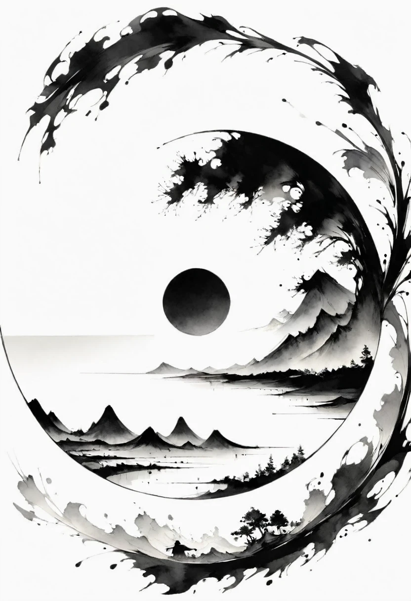 (Lots of white space:1.5),(Lots of white space:1.6), White background, simple, Minimalism, abstract,Freehand,Aesthetic,black and white,Ink Painting,antiquity,Mountain,People in the distance