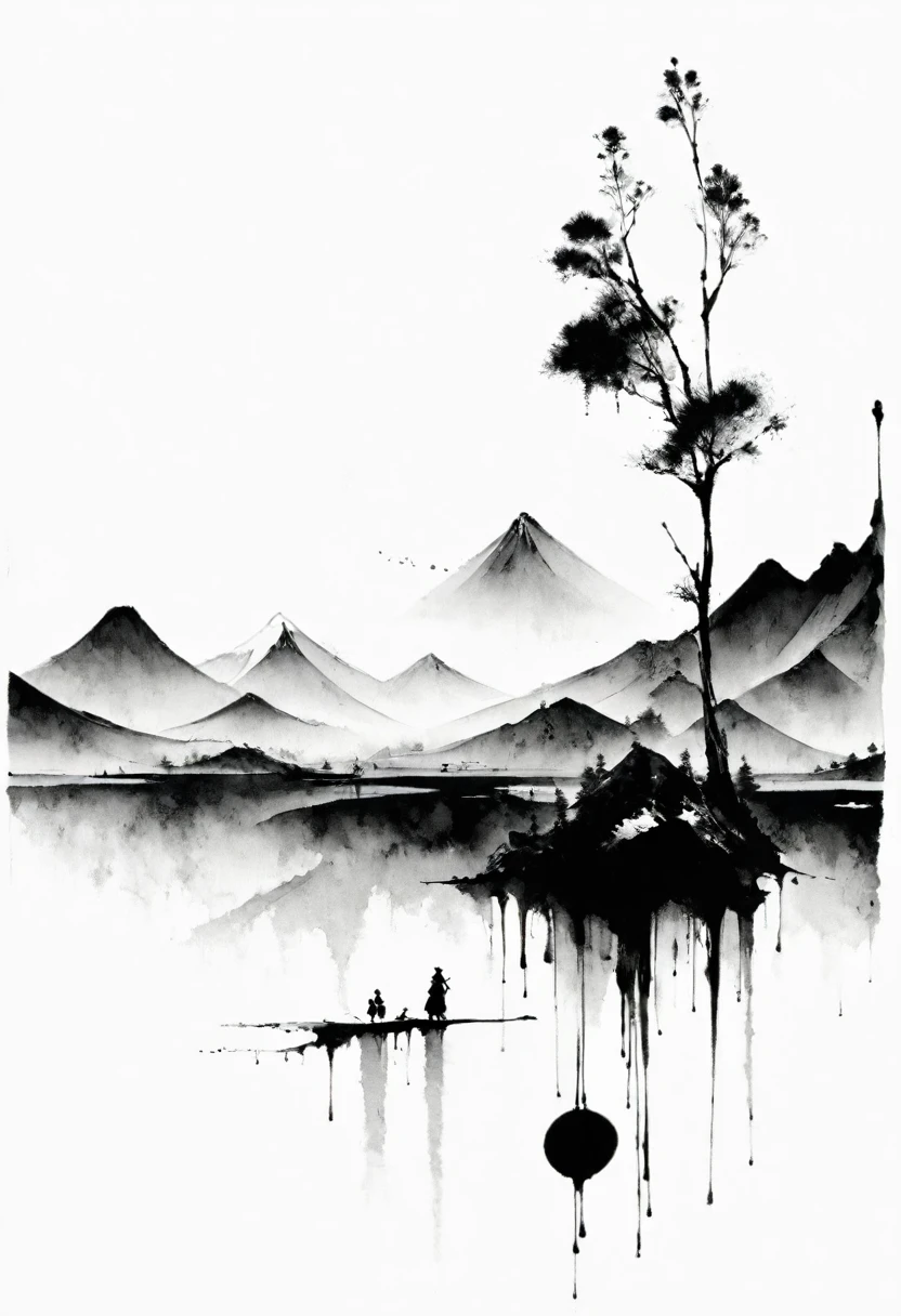 (Lots of white space:1.5),(Lots of white space:1.6), White background, simple, Minimalism, abstract,Freehand,Aesthetic,black and white,Ink Painting,antiquity,Mountain,People in the distance