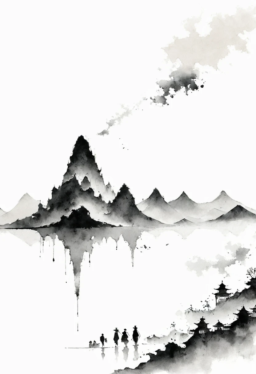 (Lots of white space:1.5)，(Lots of white space:1.6), White background, simple, Minimalism, abstract,Freehand，Aesthetic，black and white，Ink Painting，antiquity，Mountain，People in the distance