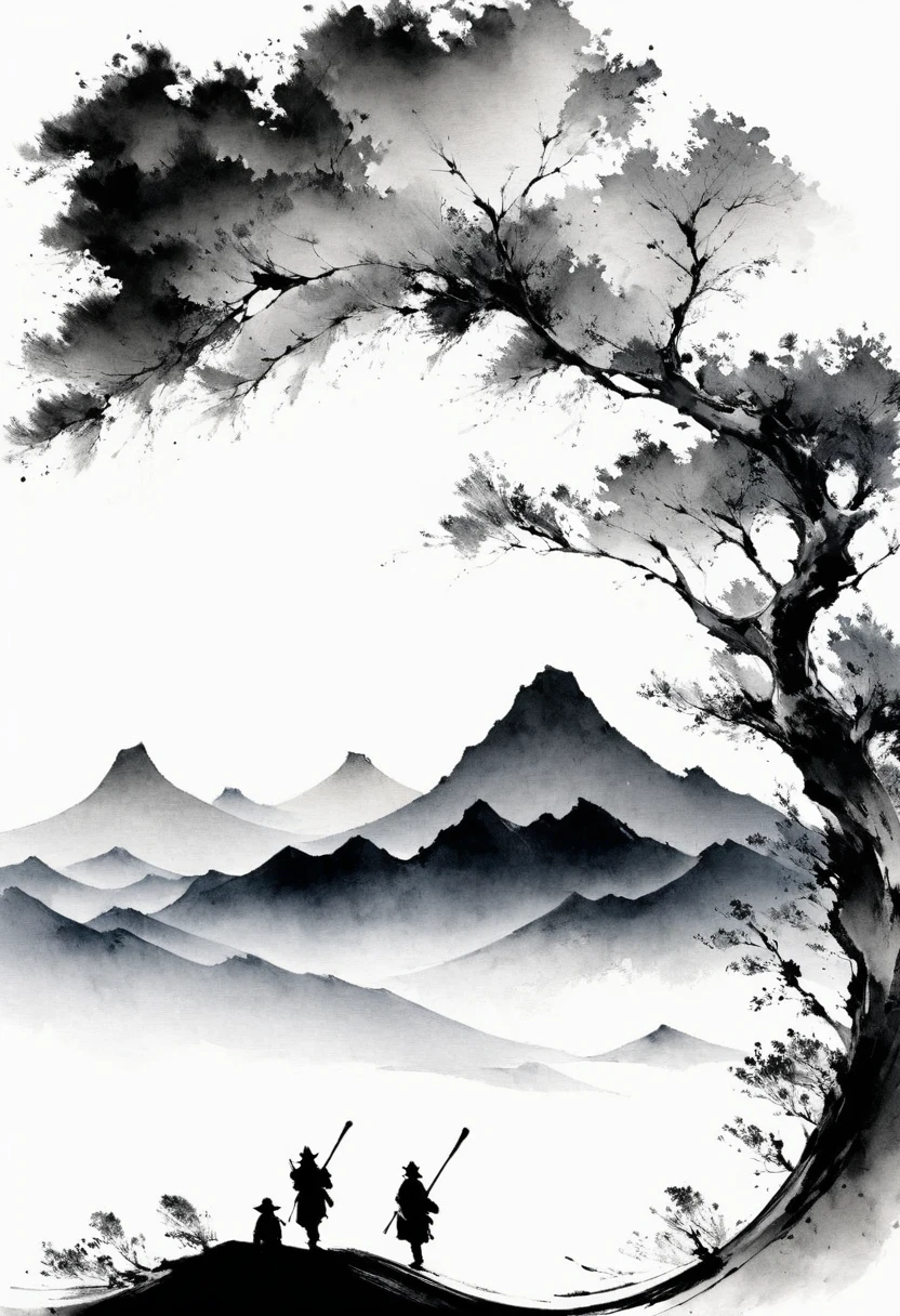 (Lots of white space:1.5)，(Lots of white space:1.6), White background, simple, Minimalism, abstract,Freehand，Aesthetic，black and white，Ink Painting，antiquity，Mountain，People in the distance