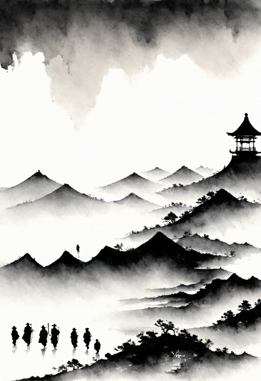 (Lots of white space:1.5),(Lots of white space:1.6), White background, simple, Minimalism, abstract,Freehand,Aesthetic,black and white,Ink Painting,antiquity,Mountain,People in the distance