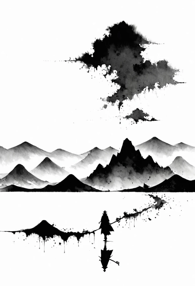 (Lots of white space:1.5)，(Lots of white space:1.6), White background, simple, Minimalism, abstract,Freehand，Aesthetic，black and white，Ink Painting，antiquity，Mountain，People in the distance