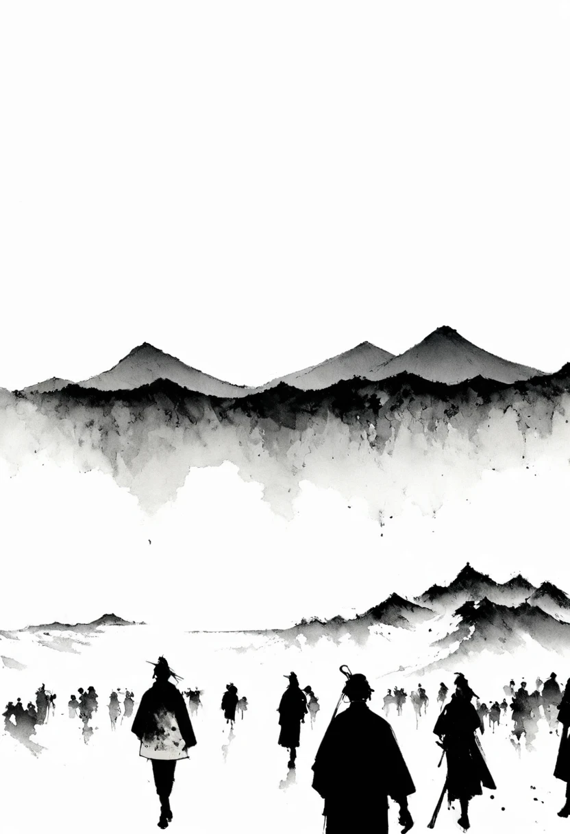 (Lots of white space:1.5)，(Lots of white space:1.6), White background, simple, Minimalism, abstract,Freehand，Aesthetic，black and white，Ink Painting，antiquity，Mountain，People in the distance
