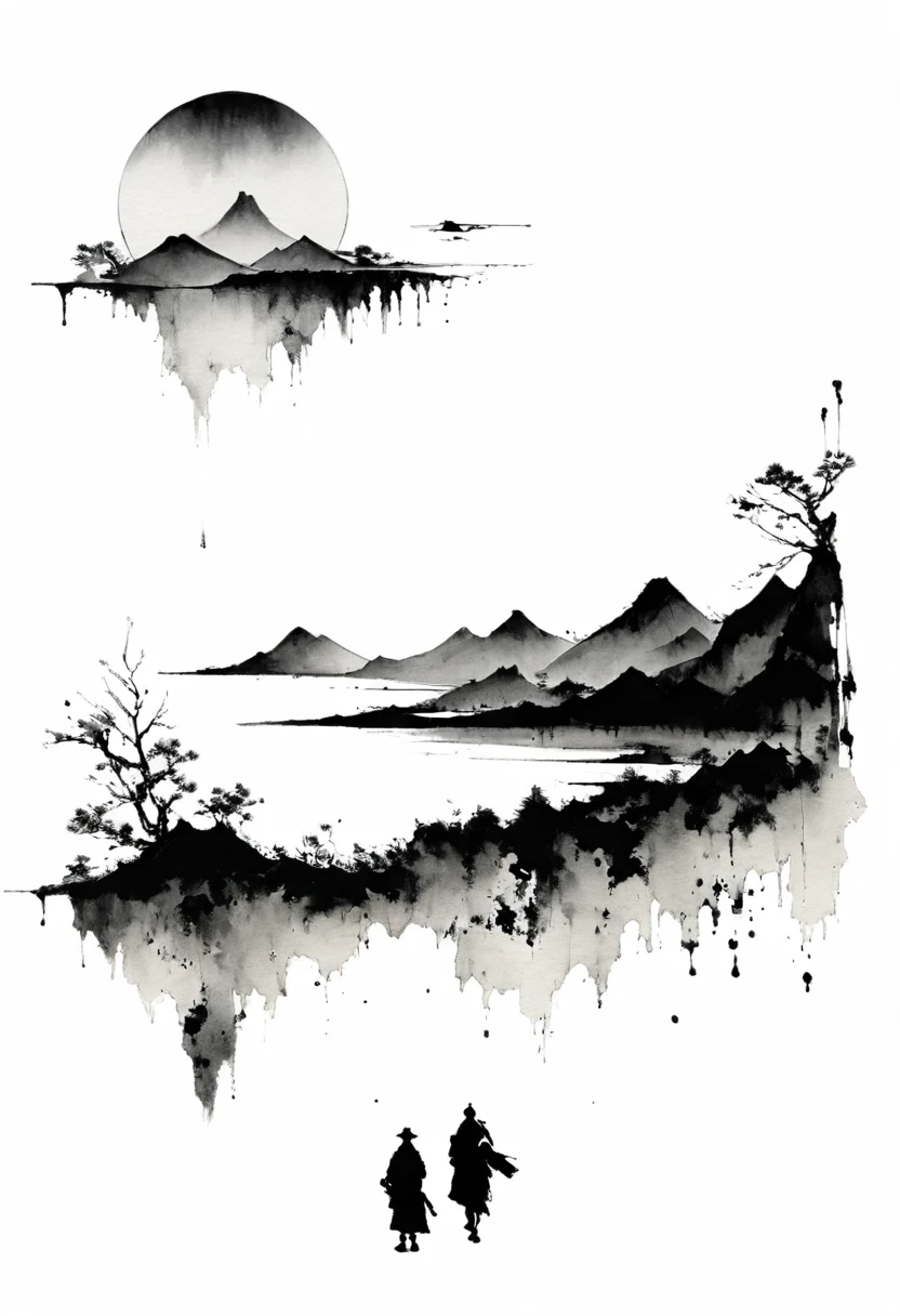 (Lots of white space:1.5),(Lots of white space:1.6), White background, simple, Minimalism, abstract,Freehand,Aesthetic,black and white,Ink Painting,antiquity,Mountain,People in the distance