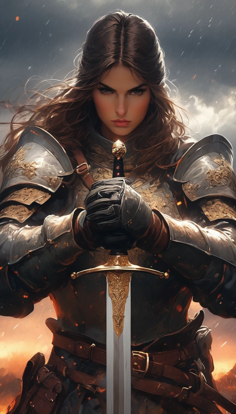 (a close-up,high quality,32k),[sword],[knight],[armor],[detail:1.2],(gold),(steel),(sharp),(shiny),(ornate),(intricate),[helmet],(leather gloves),[focused],[determined],[heroic],[stern expression],(medieval),(fantasy),(commanding pose),[elaborate background],(dramatic lighting),(stormy atmosphere),(storm clouds),(majestic),(powerful),(intense),(imposing),(gazing into the distance)