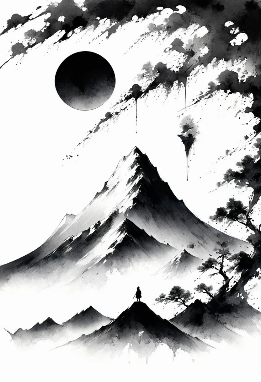 (Lots of white space:1.5),(Lots of white space:1.6), White background, simple, Minimalism, abstract,Freehand,Aesthetic,black and white,Ink Painting,antiquity,Mountain,People in the distance