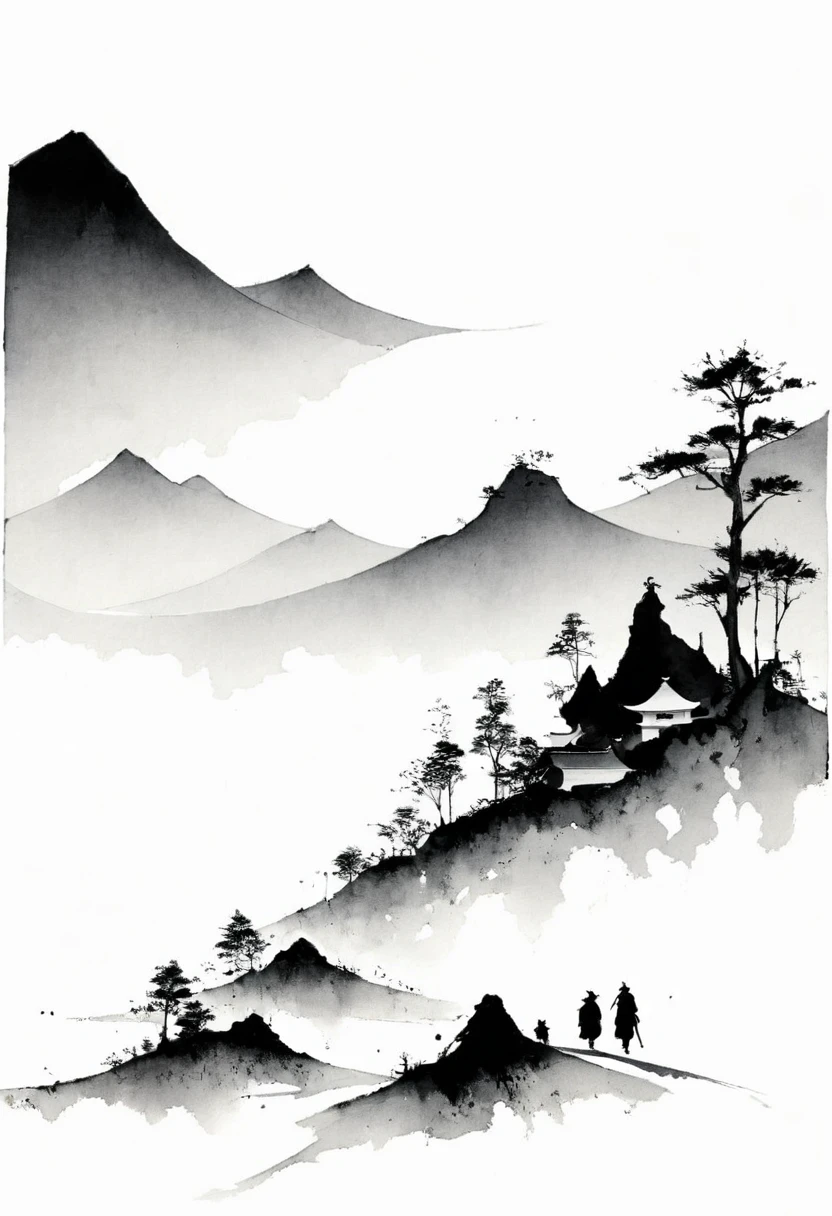 (Lots of white space:1.5)，(Lots of white space:1.6), White background, simple, Minimalism, abstract,Freehand，Aesthetic，black and white，Ink Painting，antiquity，Mountain，People in the distance