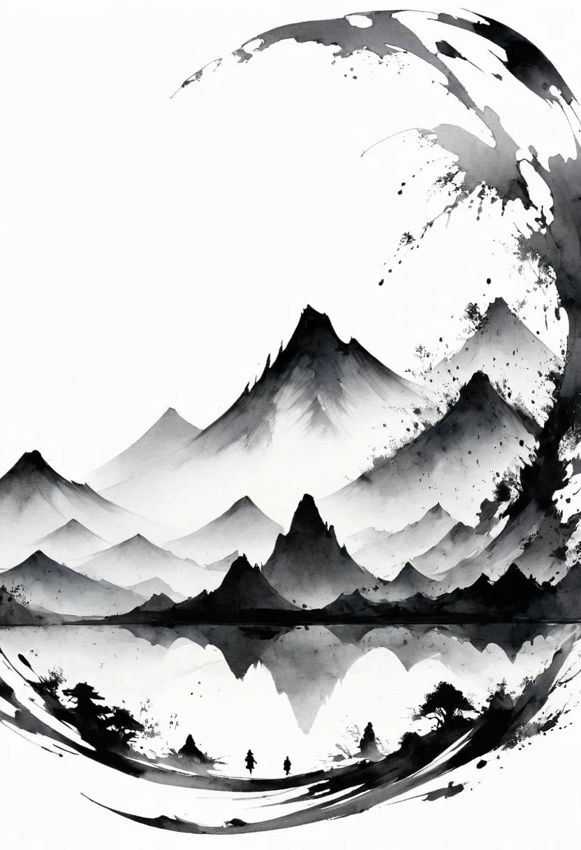 (Lots of white space:1.5),(Lots of white space:1.6), White background, simple, Minimalism, abstract,Freehand,Aesthetic,black and white,Ink Painting,antiquity,Mountain,People in the distance