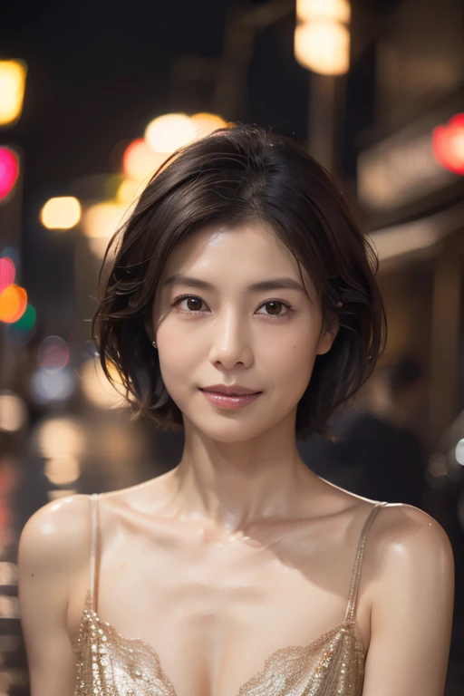 Random Pause, Mix 4, (8k, Original photo, highest quality, masterpiece: 1.45), (Actual, real: 1.37), Skinny Japanese woman, One, MILF, Charm, City view, night, rain, Wet, Professional Lighting, Photon Mapping, Radio City, Physically Based Rendering, Gradient black hair, Short Curly Hair, good looking, Moderate cleavage, High resolution, 1080p, (Clear Face), (Detailed facial depiction), (Detailed description of the hand), (Exquisite CGI), Extreme light and shadow, Messy Hair, Lots of details, (Exquisite facial features), (highest quality photos), (Beautiful Eyes), Look in front of you, Thin clavicle,