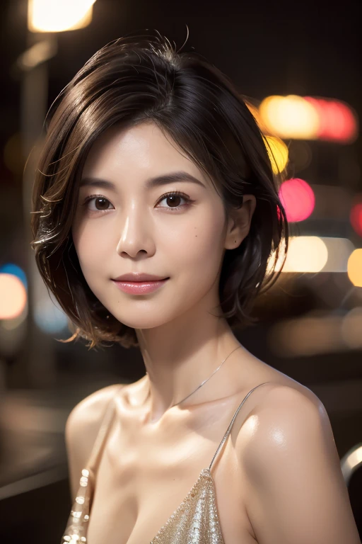 Random Pause, Mix 4, (8k, Original photo, highest quality, masterpiece: 1.45), (Actual, real: 1.37), Skinny Japanese woman, One, MILF, Charm, City view, night, rain, Wet, Professional Lighting, Photon Mapping, Radio City, Physically Based Rendering, Gradient black hair, Short Curly Hair, good looking, Moderate cleavage, High resolution, 1080p, (Clear Face), (Detailed facial depiction), (Detailed description of the hand), (Exquisite CGI), Extreme light and shadow, Messy Hair, Lots of details, (Exquisite facial features), (highest quality photos), (Beautiful Eyes), Look in front of you, Thin clavicle,
