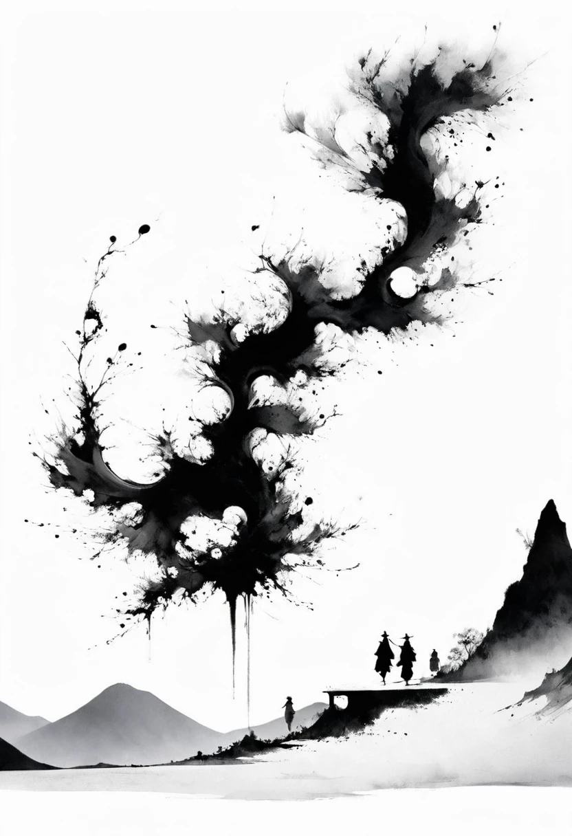 (Lots of white space:1.5),(Lots of white space:1.6), White background, simple, Minimalism, abstract,Freehand,Aesthetic,black and white,Ink Painting,antiquity,Mountain,People in the distance