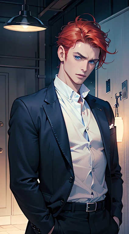 (best quality, masterpiece, 8K, photorealistic, cinematic lighting, 1:4 hdr image, ultra detailed, beautiful image), a mature man, 34 years very handsome, ((cold expression)), short red hair, blue eyes, face perfect without mistakes, ((buttoning his jacket, CEO))