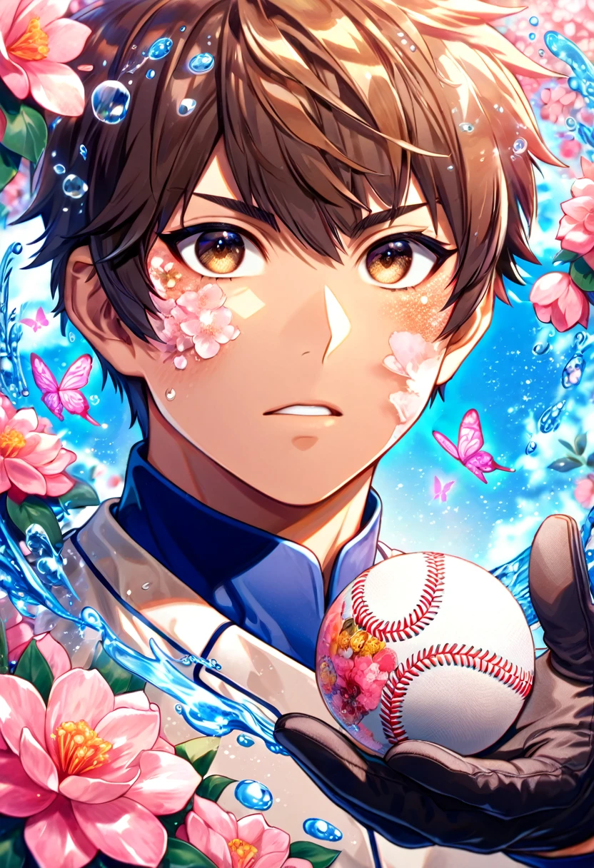 absurdres, highres, ultra detailed, HDR, master piece, best quality, extremely detailed face, delicated features, Sawamura Eijun, brown hair, expressive brown eyes, Diamond No Ace, solo, sexy man, handsome, white baseball uniform, black gloves, water, blossoms, pink flowers, pink butterflies, fantasy, magic, radiant