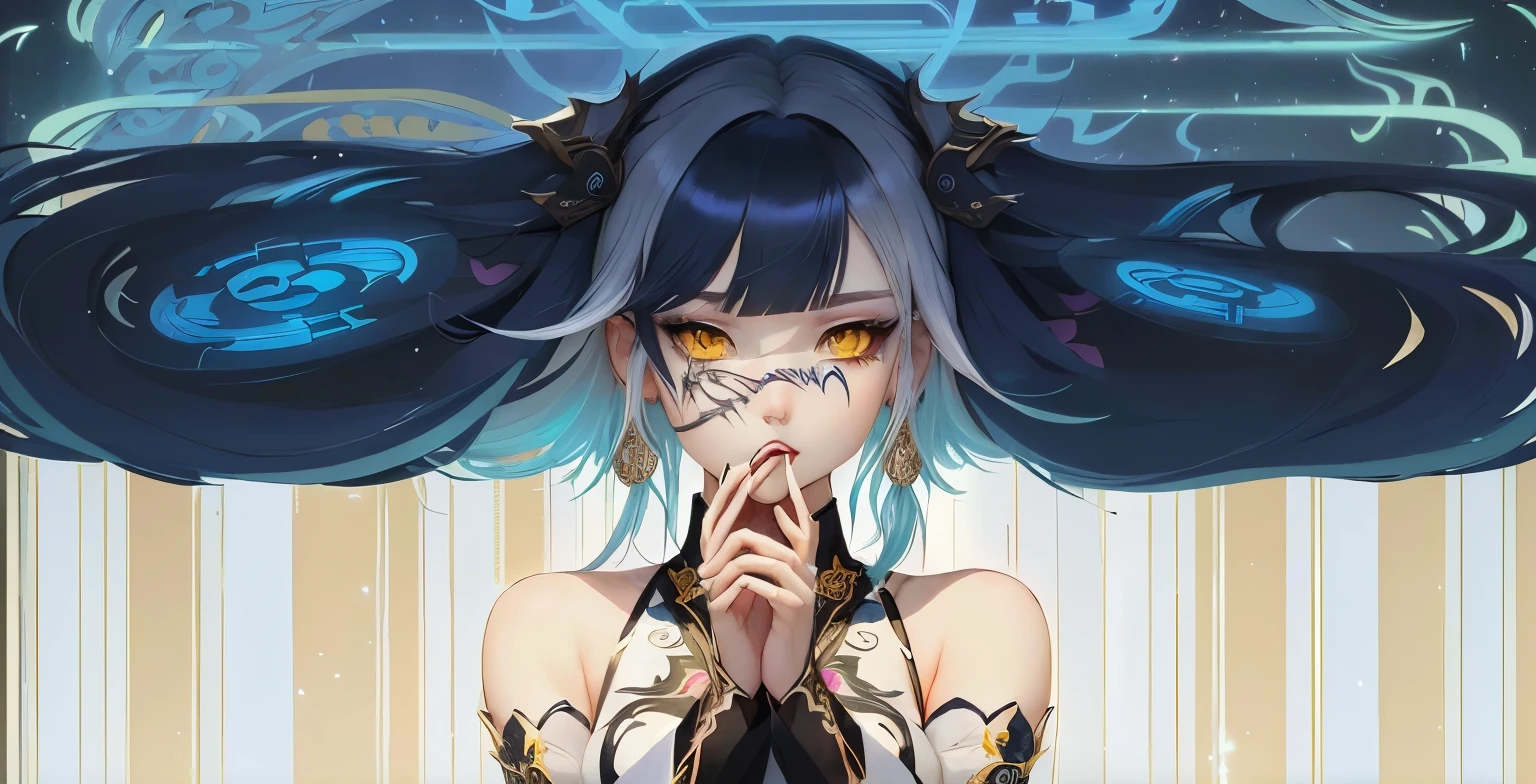 White hair、Anime girl with piercings on her face, anime art nouveau, Korean new art style animation, follow, Fantasy psychedelic anime, anime graphic illustration, anime style illustration, Animated visual of a young woman, anime vintage colors, Detailed digital animation art, anime art nouveau cosmic display, Anime Illustrations, 80s anime art style, Clean and detailed anime art,Yellow eyes,White antlers,Tibetan costumes。Dragon horns,White face。