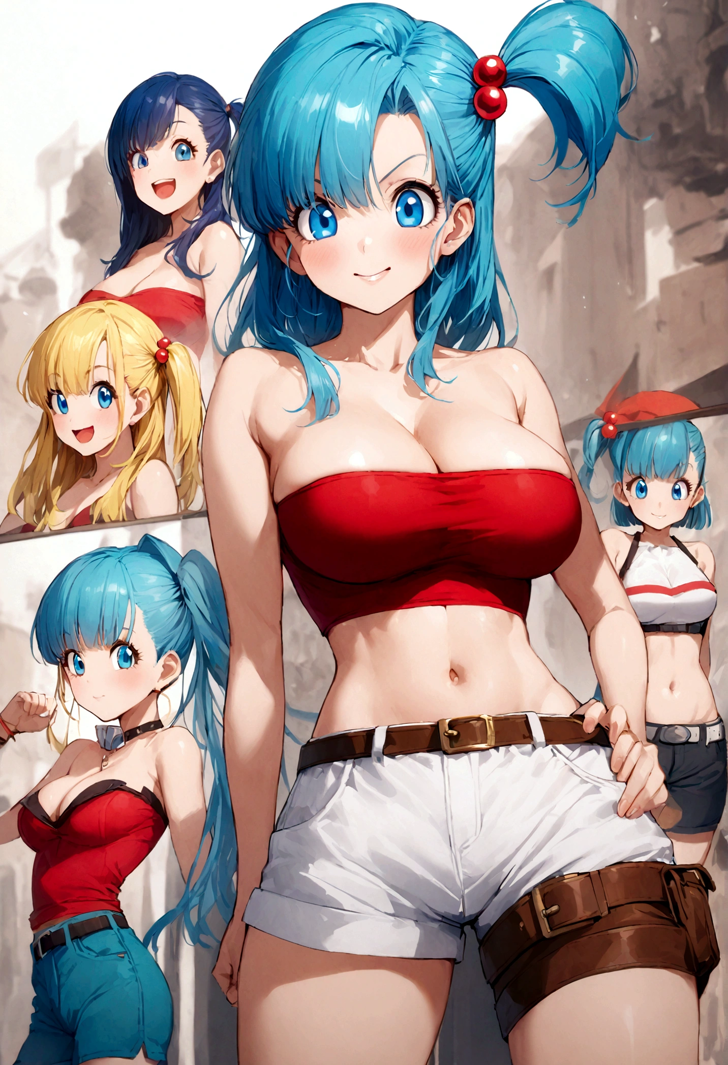  score_9, score_8_up, score_7_up, BREAK from side,middle shot,bulma, blue eyes, blue hair,bare shoulders, belt, cleavage, hair bobbles, hair ornament, hair over shoulder, (big breast),midriff, navel, one side up, red tube top, shorts, side ponytail, strapless, tube top,
