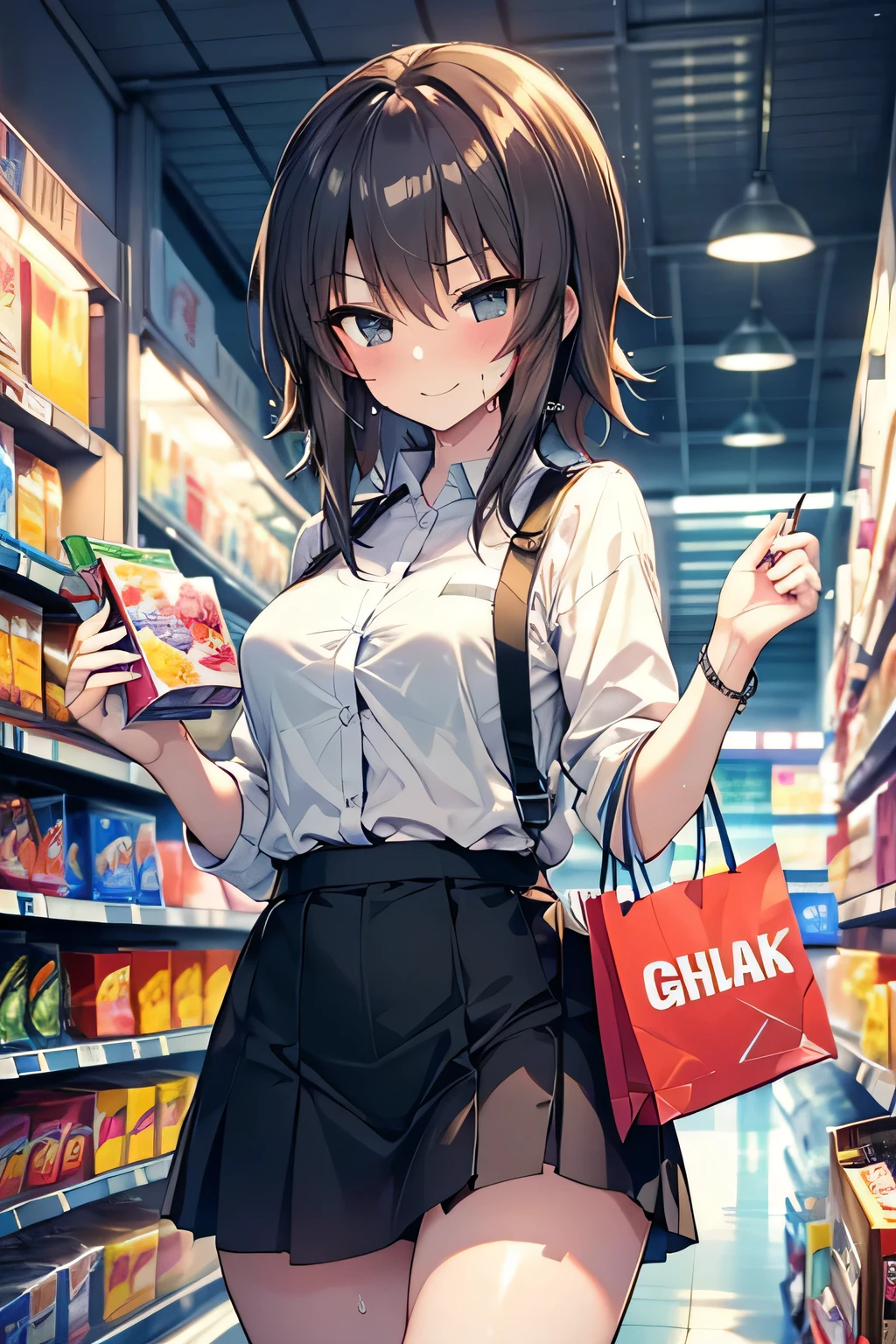 Erotic manga、highest quality、A clerk shopping at a convenience store、Girls und Panzer、Nishizumi Maho、smile、Perfect balance、Fatty legs、Clear eyes、Cowboy Shot、Sweaty