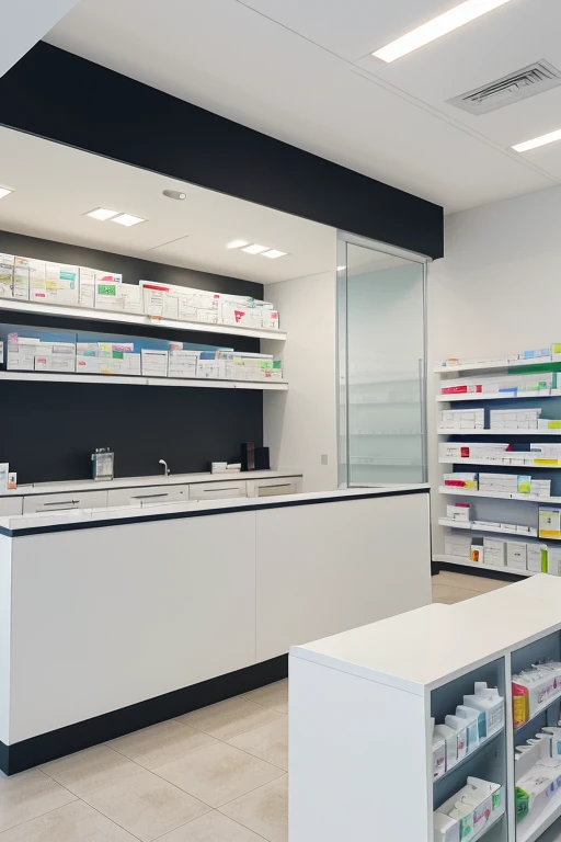arafed view of a pharmacy office with a large counter and shelves, sterile minimalistic room, pharmacy, image apothecary, apothecary, clean medical environment, high quality topical render, looking partly to the left, drugstore, clean and pristine design, crisp smooth clean lines, clean concept art, pleasing aesthetics, commercial photograph, sleek design, profile image