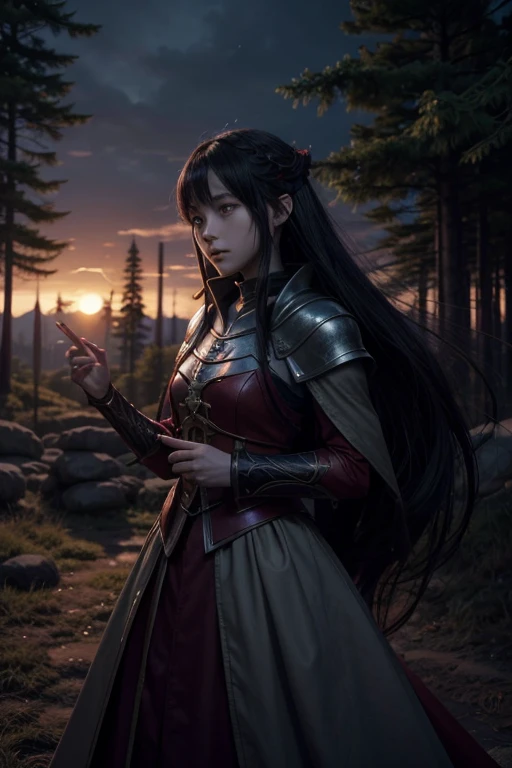 medieval anime, RPG, fantasy. the name of the anime is: Heiress Odyssey: Dawn of the Unjust. In the bottom right corner, the name of the season is: Supplant. In the bottom left corner, put the name of the song: Yurushi no Tabi. (put a dark forest with some assassins in the shadows)