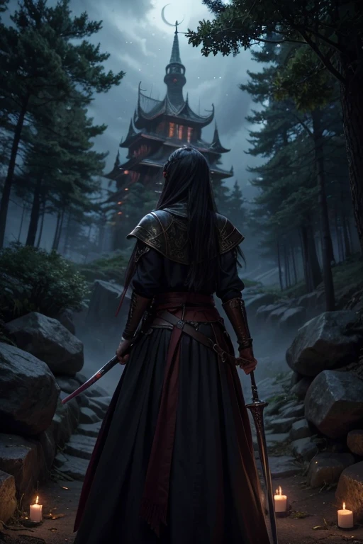medieval anime, RPG, fantasy. the name of the anime is: Heiress Odyssey: Dawn of the Unjust. In the bottom right corner, the name of the season is: Supplant. In the bottom left corner, put the name of the song: Yurushi no Tabi. (put a dark forest with some assassins in the shadows)