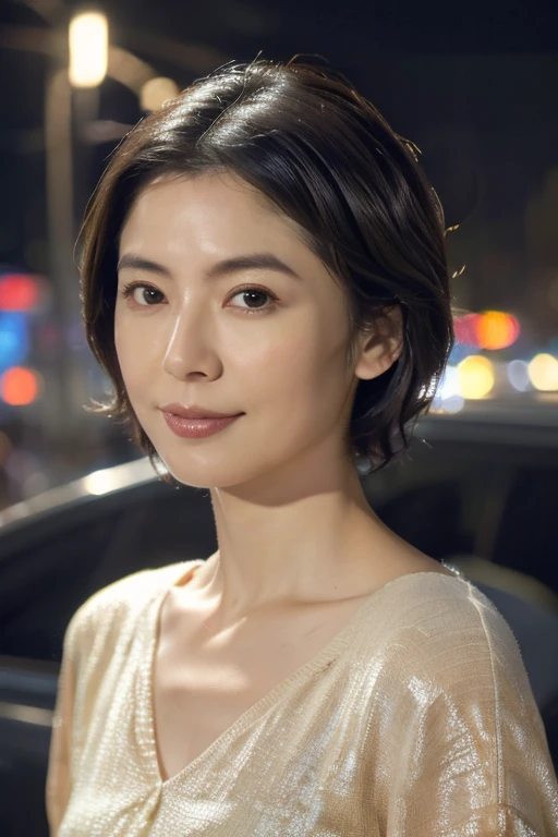 Random Pause, Mix 4, (8k, Original photo, highest quality, masterpiece: 1.45), (Actual, real: 1.37), Skinny Japanese woman, One, MILF, Charm, City view, night, rain, Wet, Professional Lighting, Photon Mapping, Radio City, Physically Based Rendering, Gradient black hair, Short Curly Hair, good looking, Moderate cleavage, High resolution, 1080p, (Clear Face), (Detailed facial depiction), (Detailed description of the hand), (Exquisite CGI), Extreme light and shadow, Messy Hair, Lots of details, (Exquisite facial features), (highest quality photos), (Beautiful Eyes), Look in front of you, Thin clavicle,
