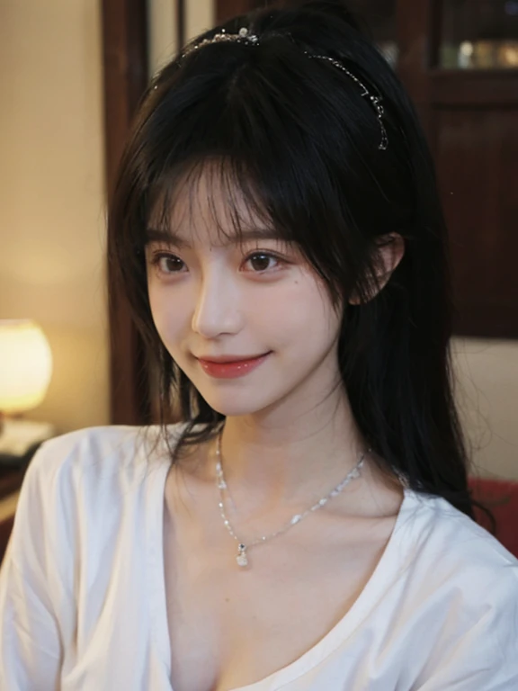 best quality, Ultra-high resolution, (Realistically:1.4),Cute hairpin,Baoyu Girl,Standing in the wedding hall,(flat chest:1.2) ,A pair of clear and charming peach blossom eyes,Royal sisters,Sunshine on the face,Big wavy hairstyle,(necklace:1.2),(White skin:1.4),a sense of atmosphere,A beautiful girl,Look directly at the audience, Cleavage close-up ,(lifelike:1.4),1 girl,Sexy,(Upper Body:1.4),(wet),(:1.2),Laugh out loud,Hand to Yay