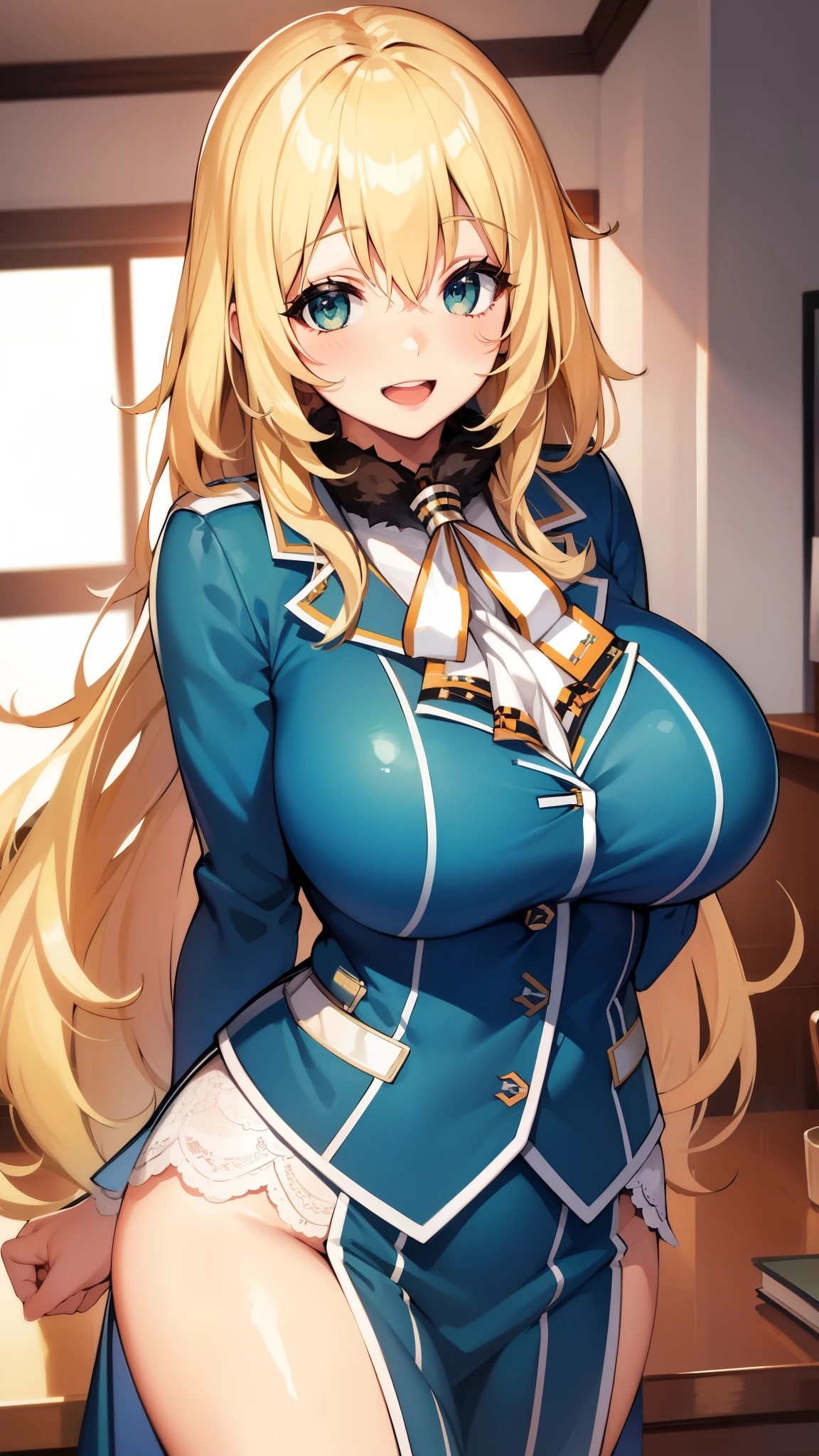 , Looking at Viewer,
blonde hair, large breasts, Smile, Open mouth, bsmile,wide hips,long hair,indoor,uniform,AtagoKC, (Atago) uniform