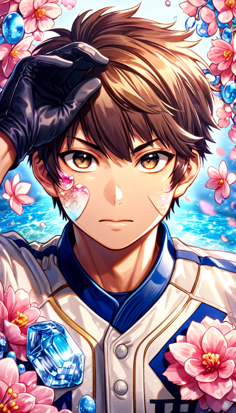 absurdres, highres, ultra detailed, HDR, master piece, best quality, extremely detailed face, delicated features, Sawamura Eijun, brown hair, expressive brown eyes, Diamond No Ace, solo, sexy man, handsome, white baseball uniform, black gloves, water, blossoms, pink flowers, pink butterflies, fantasy, magic, radiant