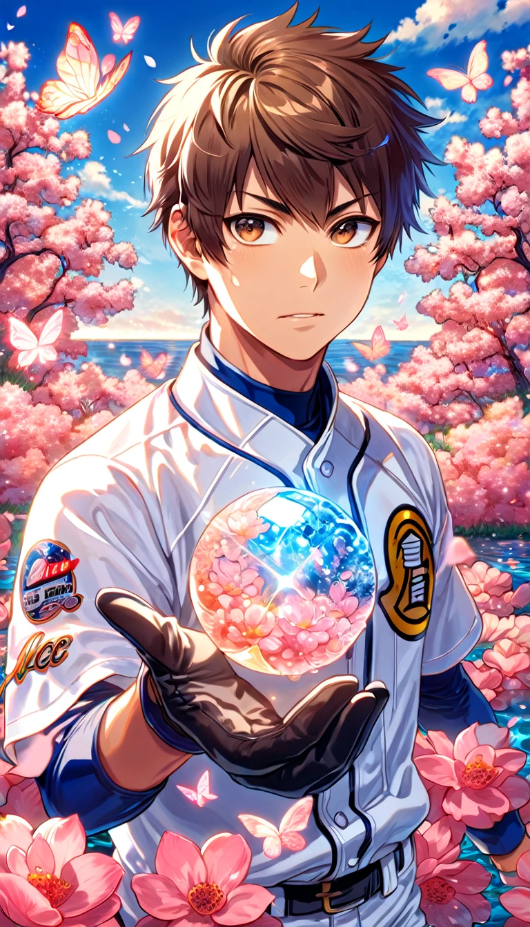 absurdres, highres, ultra detailed, HDR, master piece, best quality, extremely detailed face, delicated features, Sawamura Eijun, brown hair, expressive brown eyes, Diamond No Ace, solo, sexy man, handsome, white baseball uniform, black gloves, water, blossoms, pink flowers, pink butterflies, fantasy, magic, radiant