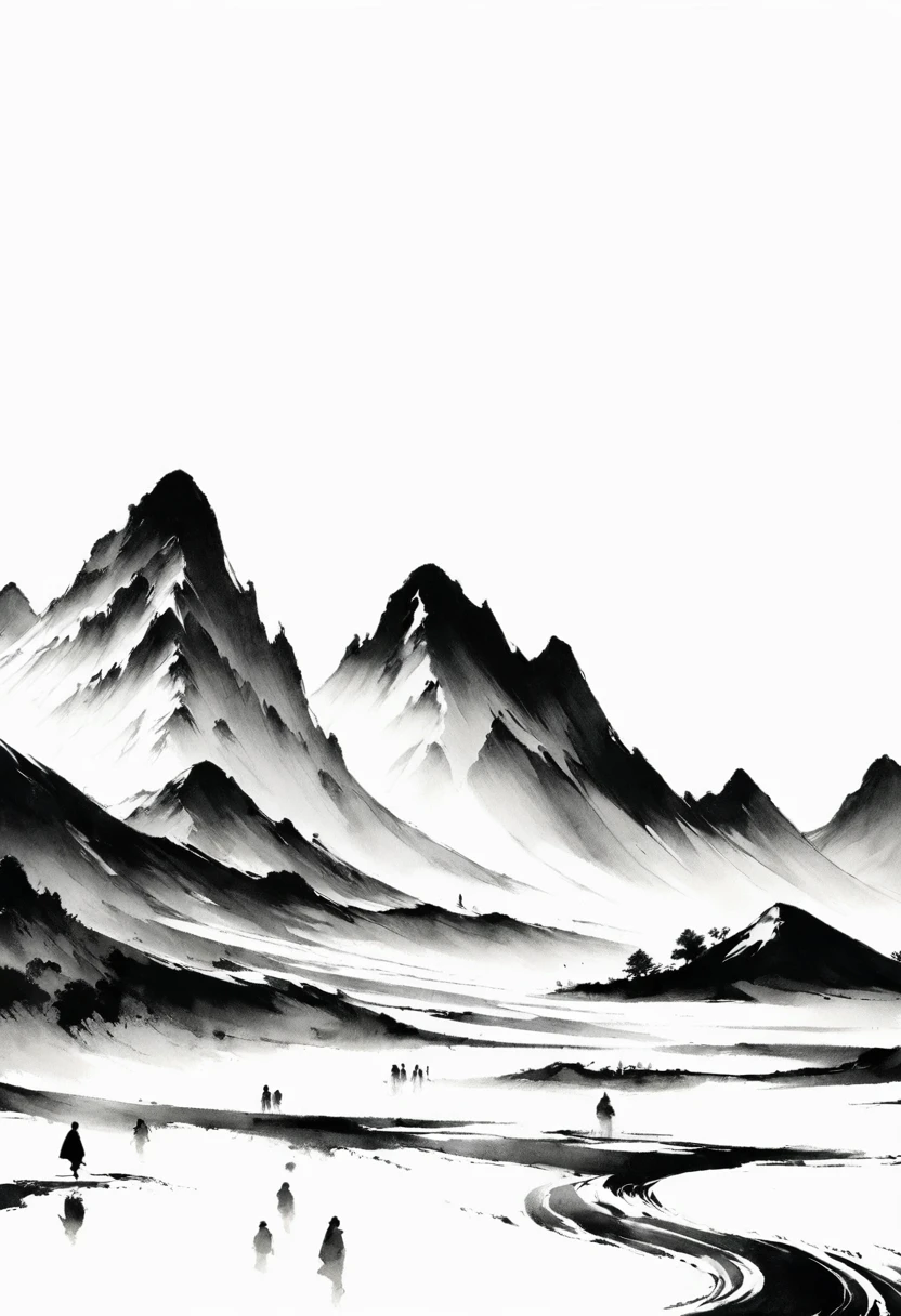 (Lots of white space:1.5),(Lots of white space:1.6), White background, simple, Minimalism, abstract,Freehand,Aesthetic,black and white,Ink Painting,antiquity,Mountain,People in the distance