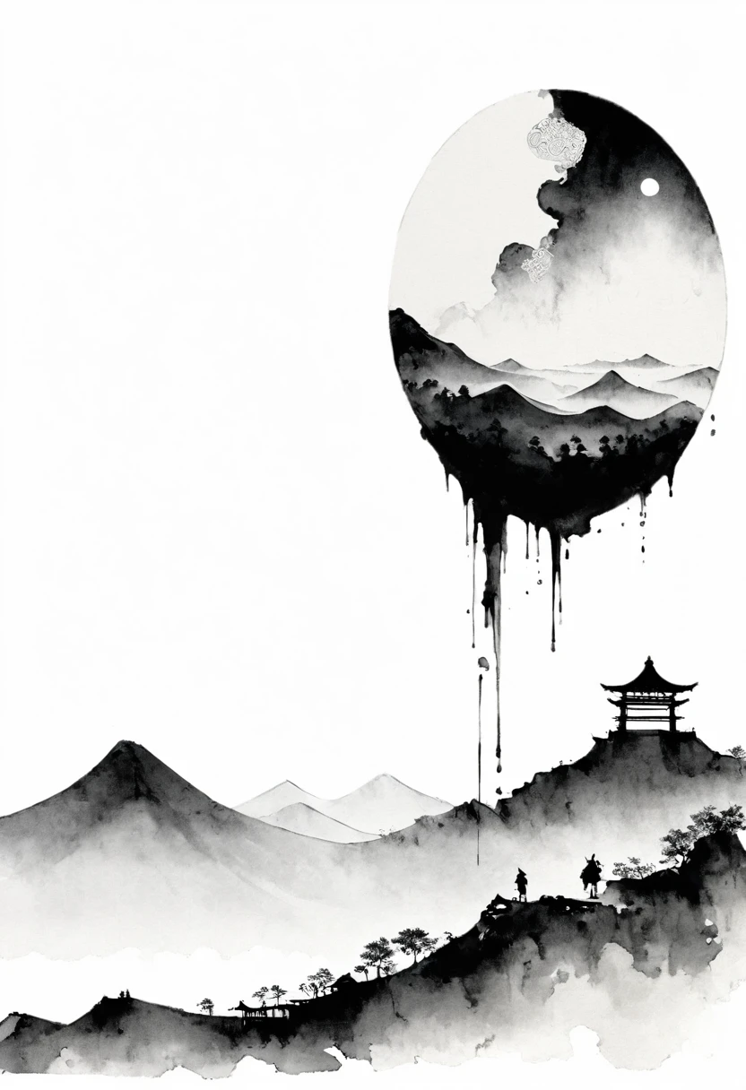 (Lots of white space:1.5),(Lots of white space:1.6), White background, simple, Minimalism, abstract,Freehand,Aesthetic,black and white,Ink Painting,antiquity,Mountain,People in the distance