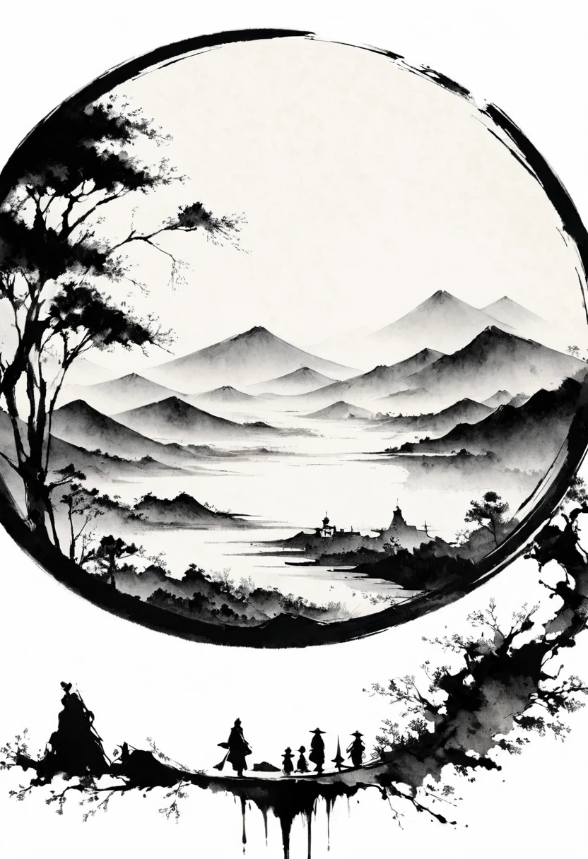 (Lots of white space:1.5),(Lots of white space:1.6), White background, simple, Minimalism, abstract,Freehand,Aesthetic,black and white,Ink Painting,antiquity,Mountain,People in the distance
