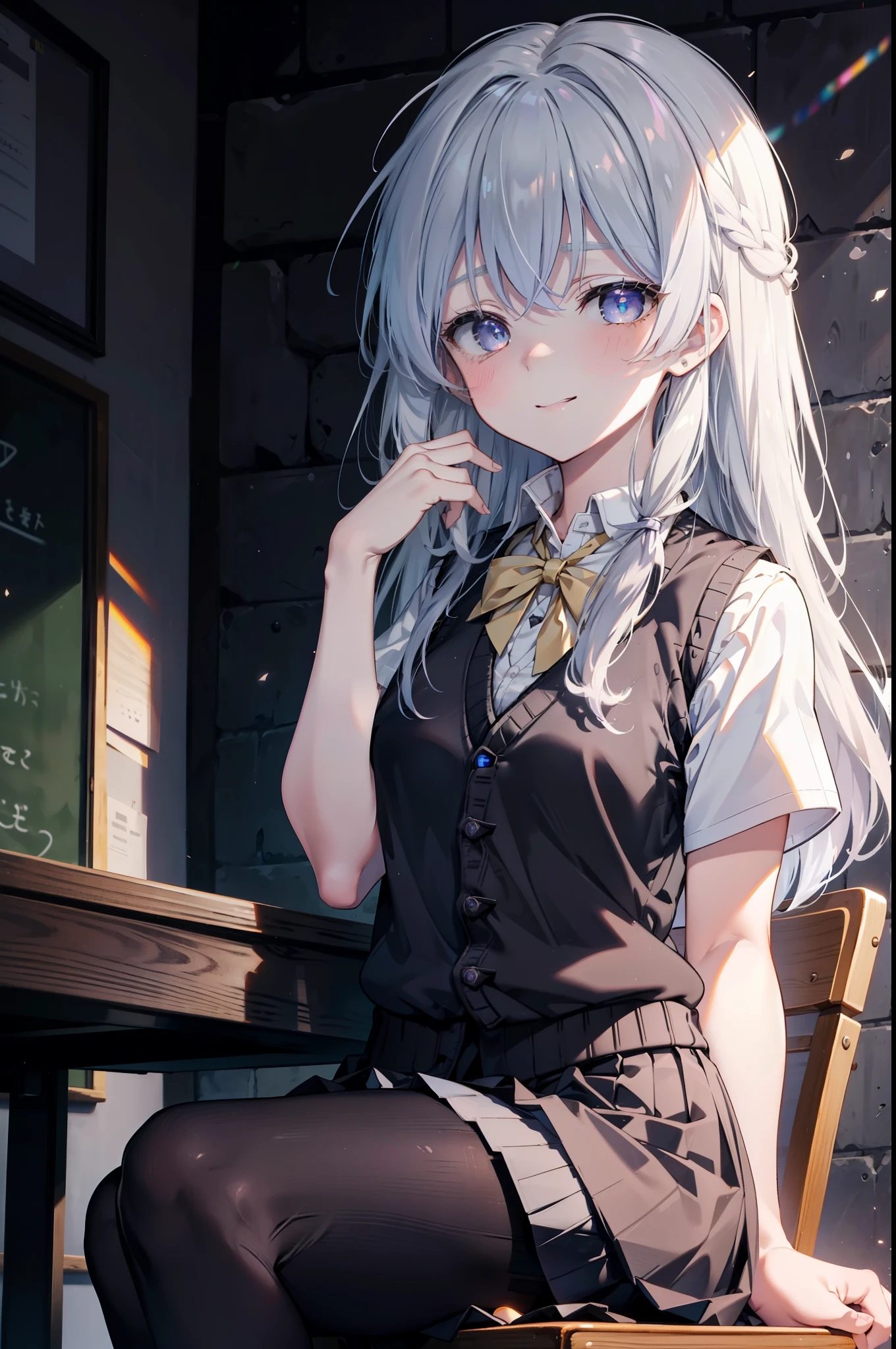 (masterpiece:1.6, highest quality), (Fine and beautiful eyes: 1.2),  phElaina, Eouftit3,  Eof3, 1 girl, Elaina (majo no tabitabi), happy smile, smile, Open your mouth,alone,Silver Hair,Long Hair, blue eyes, Shiny Hair, The feathers are purple,Eyes,break skirt, shirt, bow, ribbon, , white shirt, Short sleeve, Pleated skirt, collared shirt, mini skirt, bowtie, 黒いloafers , Black Skirt, Black hose, loafers, green bow, Sweater vest, , (black Sweater vest:1.5),School　classroom,There is a sandwich on the table,sit cross-legged on a chair,blush,smile,Open your mouth,whole bodyがイラストに入るように,　　　　　　　　　　　　　　　　　　　break looking at viewer,whole body, 　　　　　　　 　break indoors ,School,classroom, 　　　　　　　　　　　break (masterpiece:1.2), highest quality, High resolution, unity 8k wallpaper, (shape:0.8), (Beautiful and beautiful eyes:1.6), Highly detailed face, Perfect lighting, Extremely detailed CG, (Perfect hands, Perfect Anatomy),