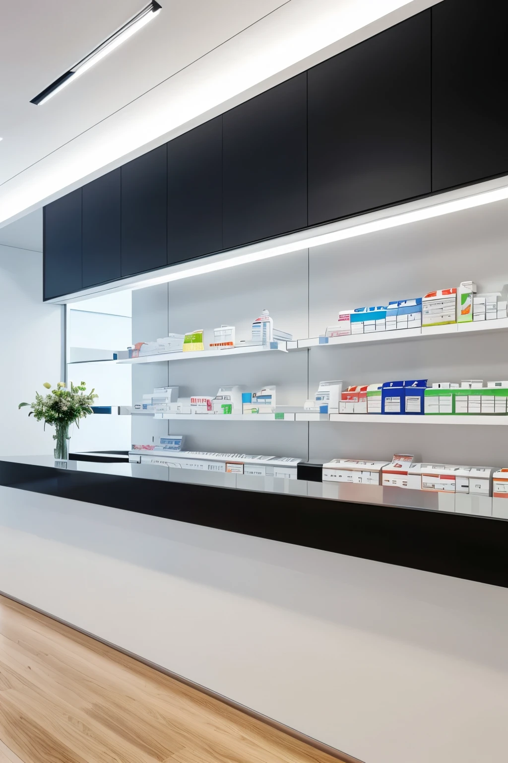 arafed view of a pharmacy office with a large counter and shelves, sterile minimalistic room, pharmacy, image apothecary, apothecary, clean medical environment, high quality topical render, looking partly to the left, drugstore, clean and pristine design, crisp smooth clean lines, clean concept art, pleasing aesthetics, commercial photograph, sleek design, profile image