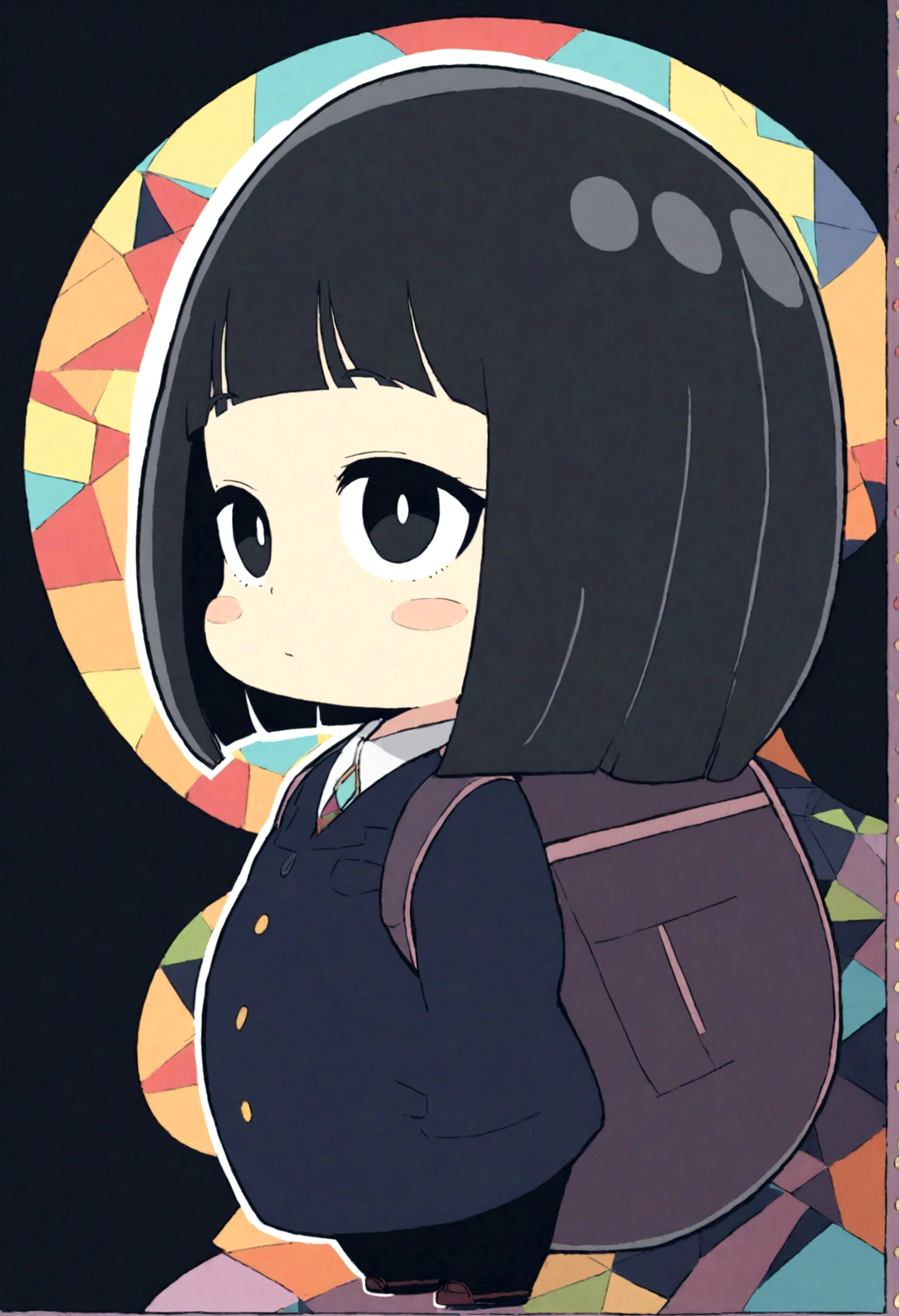 zPDXL, geometric style, thin build, plump ass, small breasts, , young, , backpack, flat chest, huge head, circular sphere head, bobcut hair, cylindrical body, thin, small mouth, no lips, flat colors, thick outlines, jet black hair, small pupils, giant eyes, 1girl, solo