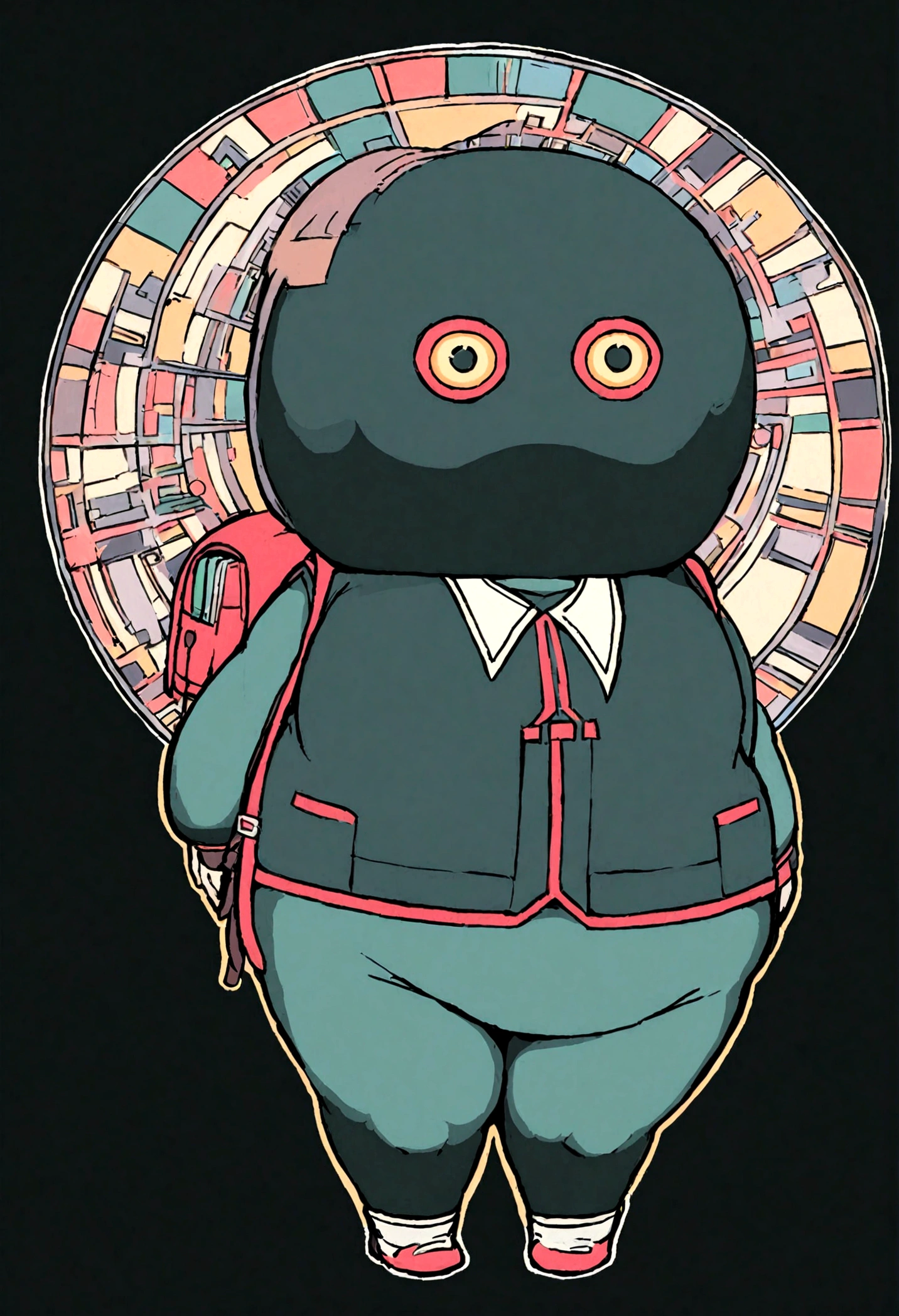 zPDXL, geometric style, thin build, plump ass, small breasts, middle school, young, , backpack, flat chest, huge head, circular sphere head, bobcut hair, cylindrical body, thin, small mouth, no lips, flat colors, thick outlines, jet black hair, small pupils, giant eyes, 1girl, solo