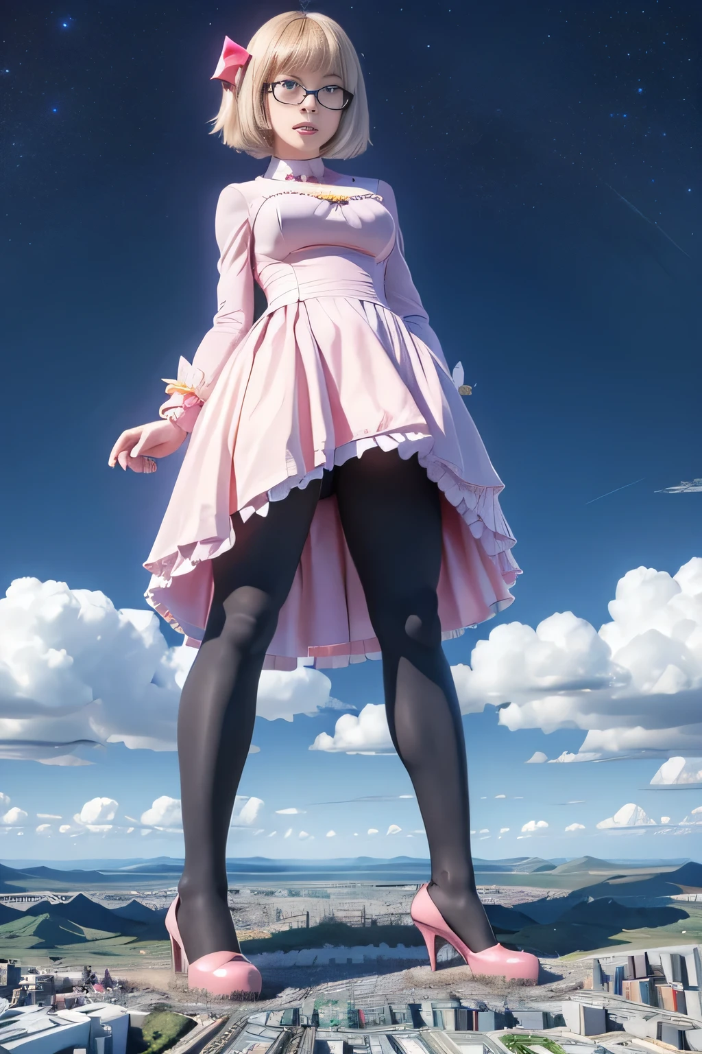 giantess art, highly detailed giantess shots, giantess, Two legs, Five fingers, short hair, A beautiful girl who is bigger than a skyscraper, Wearing rimless glasses, smile, Big Breasts, pink dress, bow, magical girl, holding a magical wand, black pantyhose, pink stiletto heels, thunderbolt from a magical wand, Destroying cities, A very small big city, Miniature metropolis, Full body description, GTS, giga giantess, stomping city, crash city, tiny city, micro city, pantyhose feet, High resolution, highest quality, masterpiece,