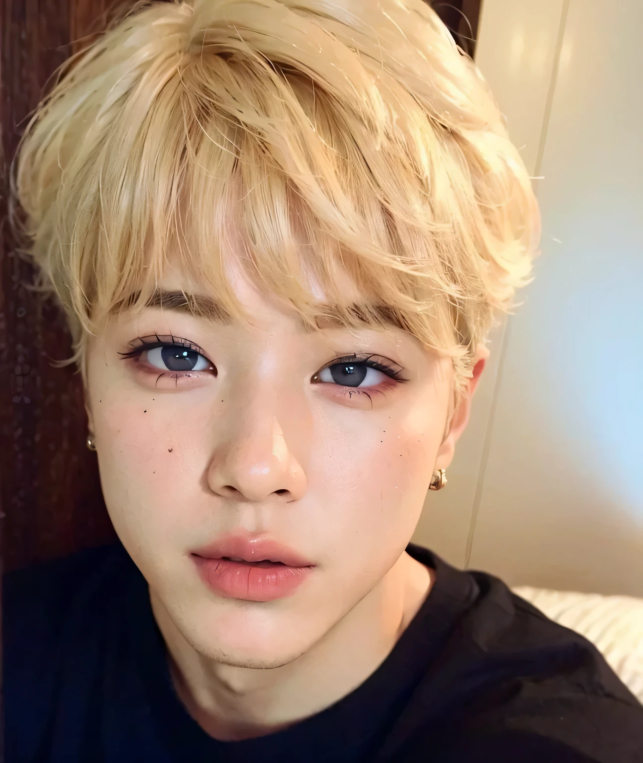 arafed photo of a young man with a blonde haircut, jimin\'s plump lips, jimin\'s right eyelid swollen, jimin\'s grecian nose, park jimin, jimin, accurate jimin face, with short hair, wan adorable korean face, jung jaehyun, taejune kim, black haired yoongi, bts, portrait of kpop idol, hyung tae