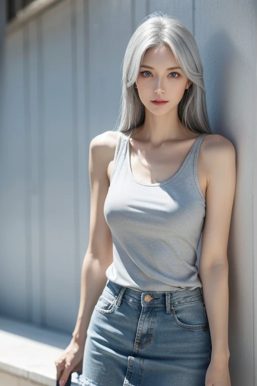 A tall and slender older woman she has extremely long and straight silver and grey hair. She has ice blue eyes. She is wearing a blue denim skirt and a white tank top