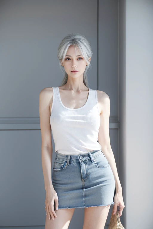 A tall and slender older woman she has extremely long and straight silver and grey hair. She has ice blue eyes. She is wearing a blue denim skirt and a white tank top
