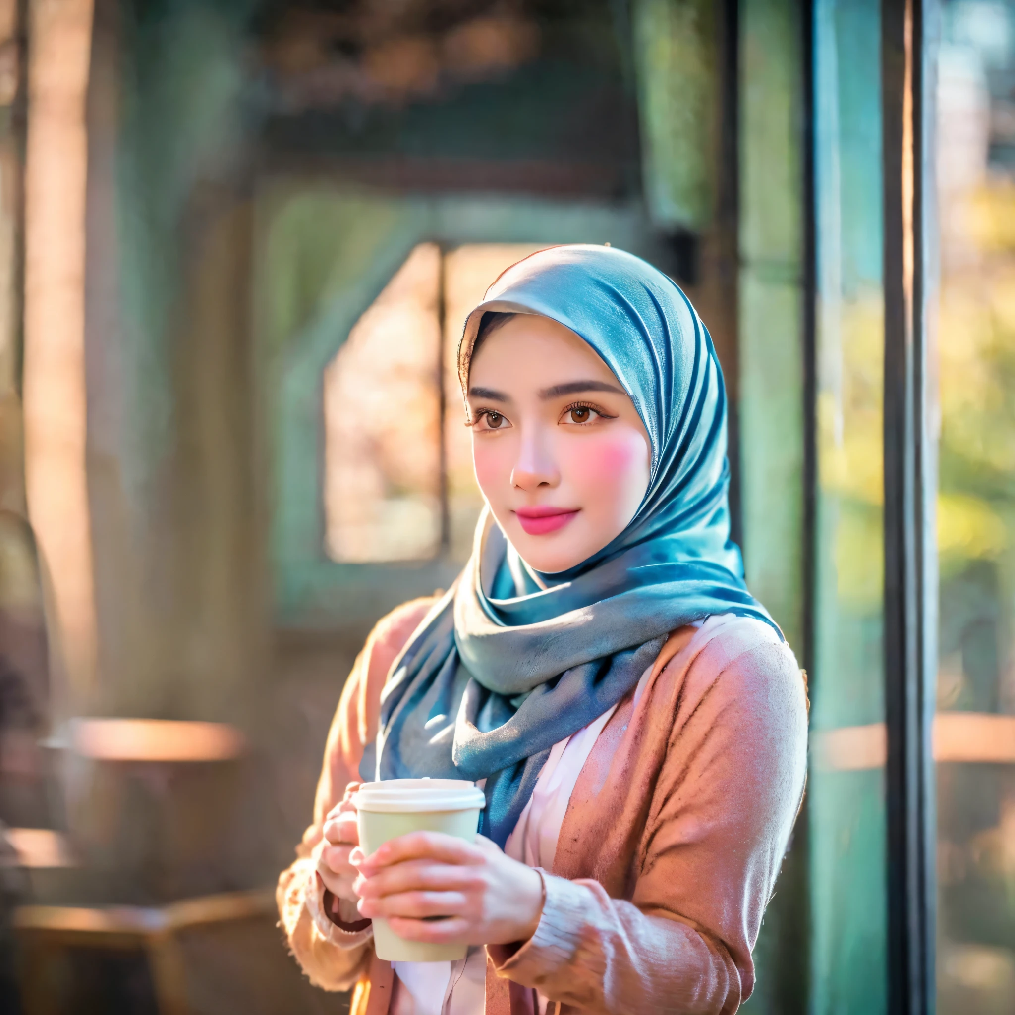 beautiful girl wearing hijab, cardigan, aesthetic cafe, clear window, cup of coffee, street, (best quality,4k,8k,highres,masterpiece:1.2),ultra-detailed,(realistic,photorealistic,photo-realistic:1.37),detailed portrait, intricate details, warm lighting, cinematic atmosphere, soft focus, natural colors, calming mood